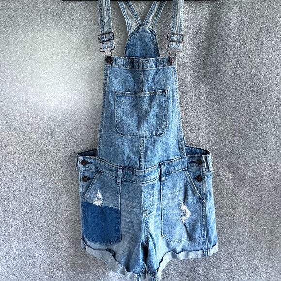 Hollister Women's Denim Bib Overall Shorts with Patchwork Size: 26 - Picture 1 of 11